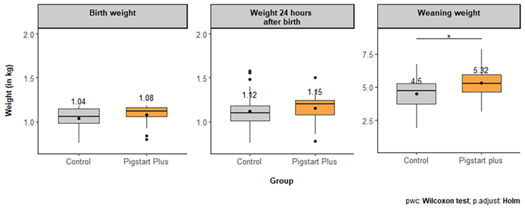 Figure 1:  Comparison of the average weight of piglets during the trial. Symbols above the means mean that they are different according to the Wilcoxon test. * = p-value < 0.05  